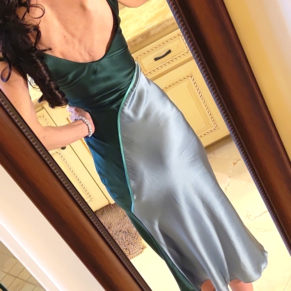 Lattelier 100% Silk Green/Gray  Sheath Midi Dress for Night Out w/ Front Slit, S - Picture 13 of 16